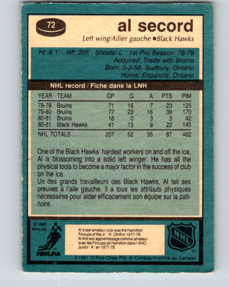 1981-82 O-Pee-Chee #72 Al Secord Chicago Blackhawks V29924