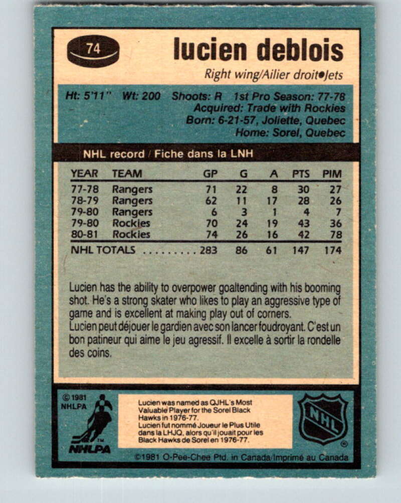 1981-82 O-Pee-Chee #74 Lucien DeBlois Winnipeg Jets V29934