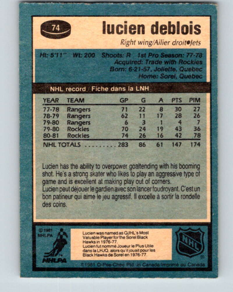 1981-82 O-Pee-Chee #74 Lucien DeBlois Winnipeg Jets V29935