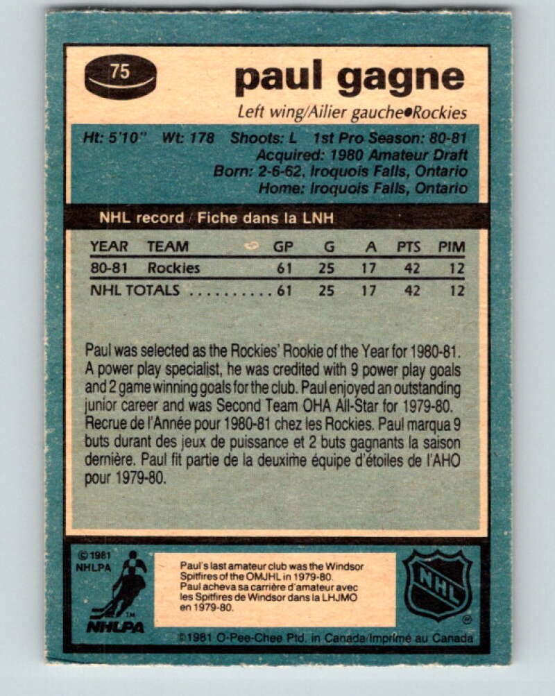 1981-82 O-Pee-Chee #75 Paul Gagne RC Rookie Colorado Rockies V29949