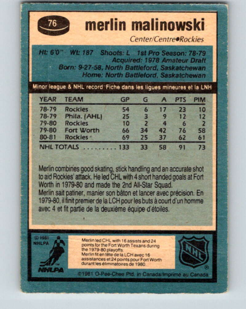 1981-82 O-Pee-Chee #76 Merlin Malinowski RC Rookie Rockies V29957