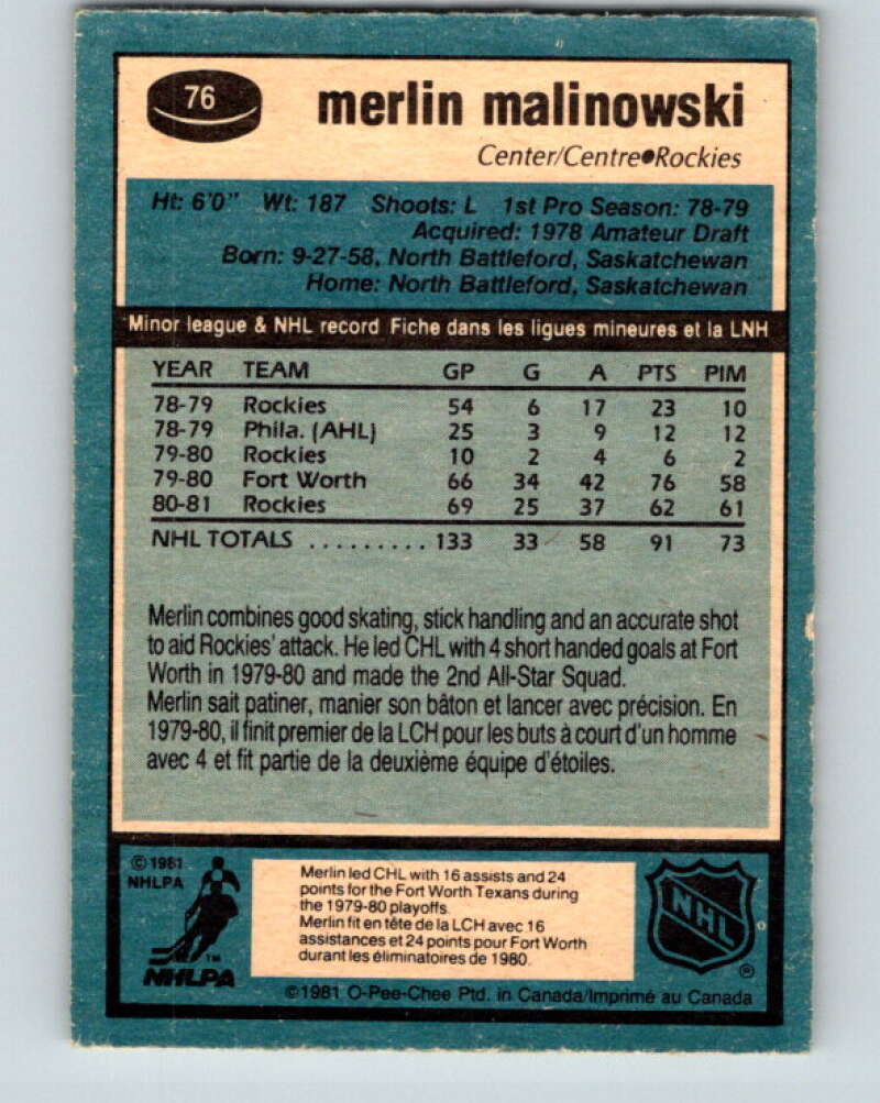 1981-82 O-Pee-Chee #76 Merlin Malinowski RC Rookie Rockies V29962