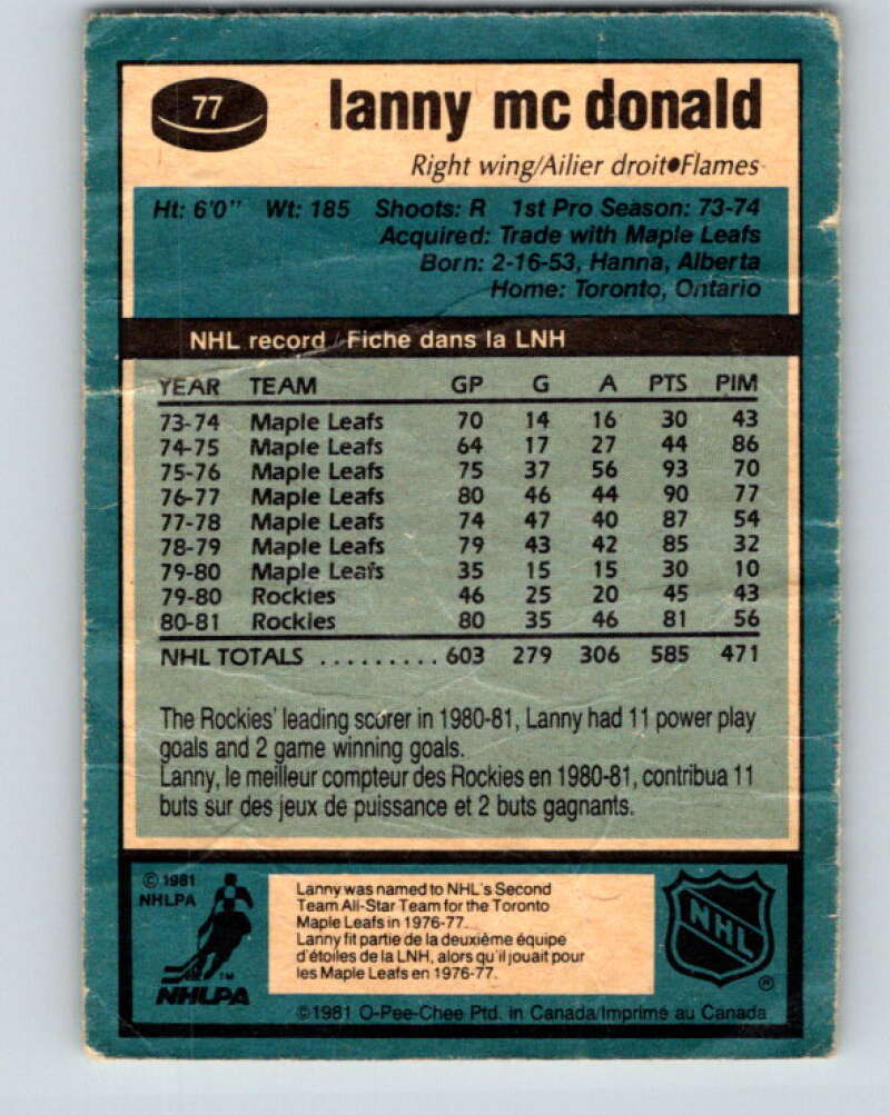 1981-82 O-Pee-Chee #77 Lanny McDonald Calgary Flames V29967