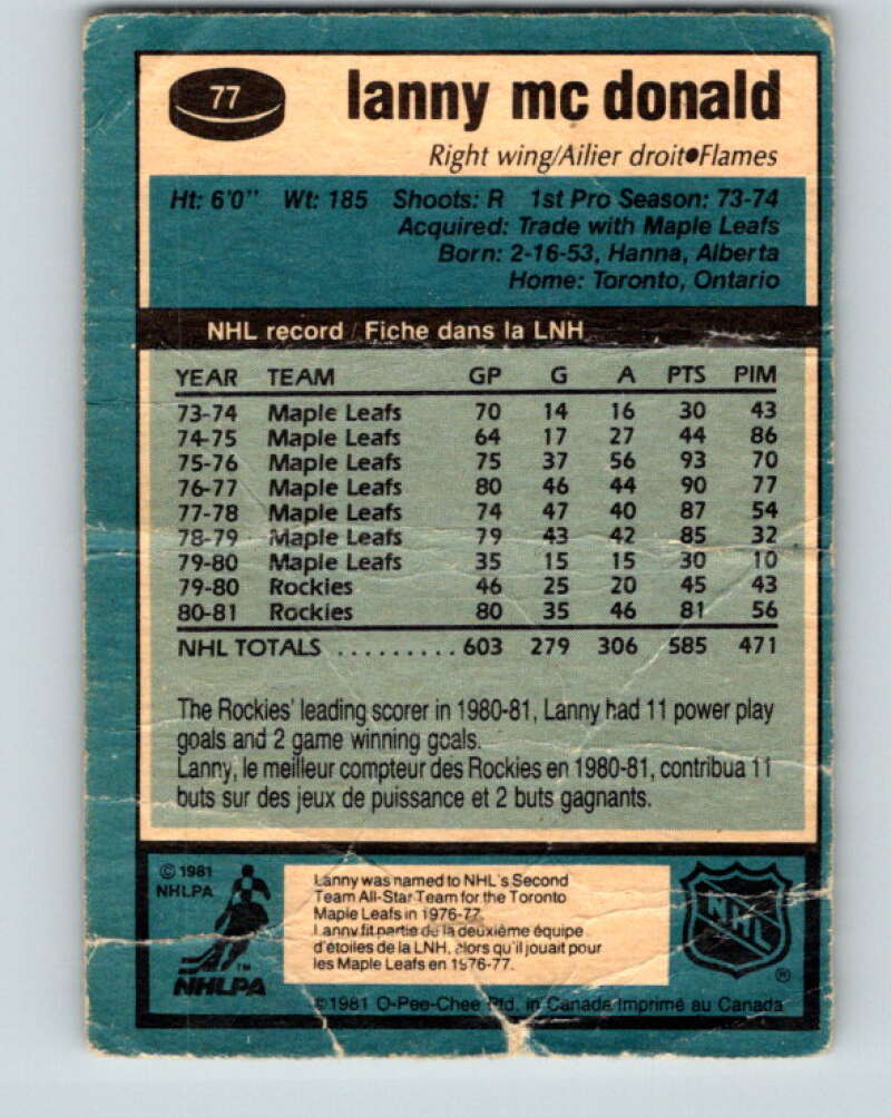 1981-82 O-Pee-Chee #77 Lanny McDonald Calgary Flames V29968