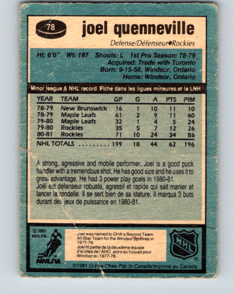 1981-82 O-Pee-Chee #78 Joel Quenneville Colorado Rockies V29975