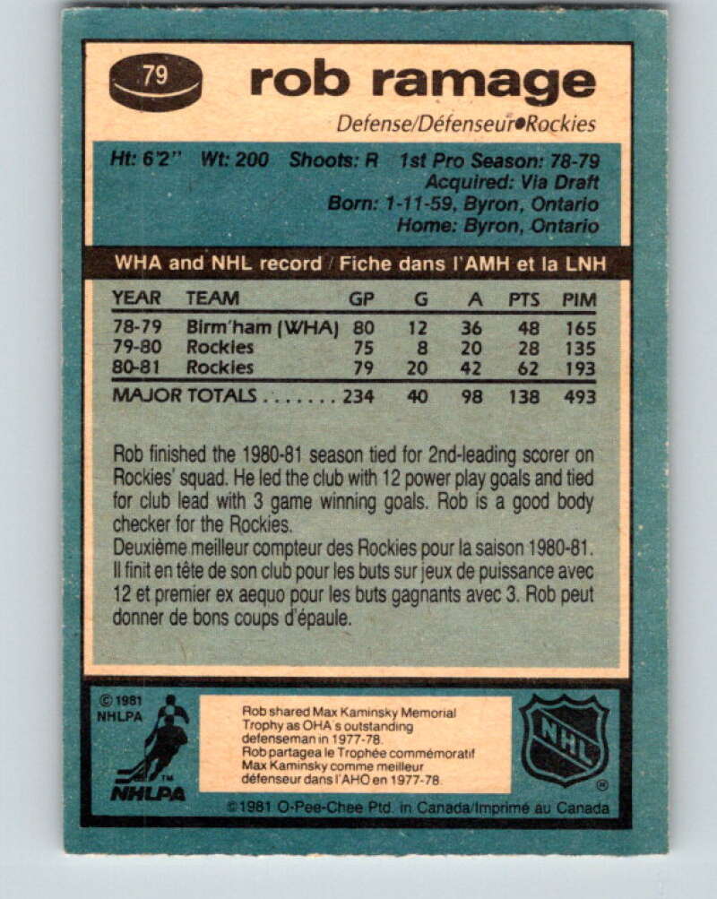 1981-82 O-Pee-Chee #79 Rob Ramage Colorado Rockies V29982
