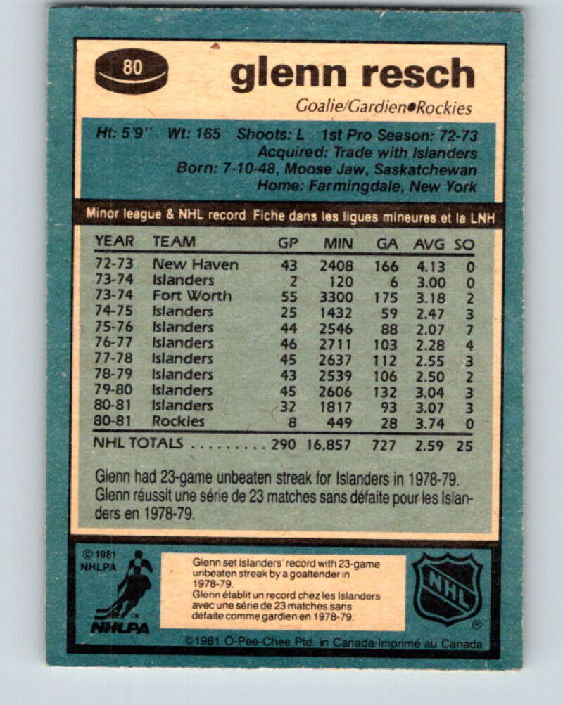 1981-82 O-Pee-Chee #80 Glenn Resch Colorado Rockies V29989
