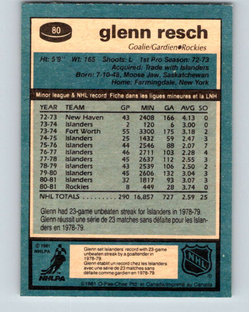 1981-82 O-Pee-Chee #80 Glenn Resch Colorado Rockies V29990