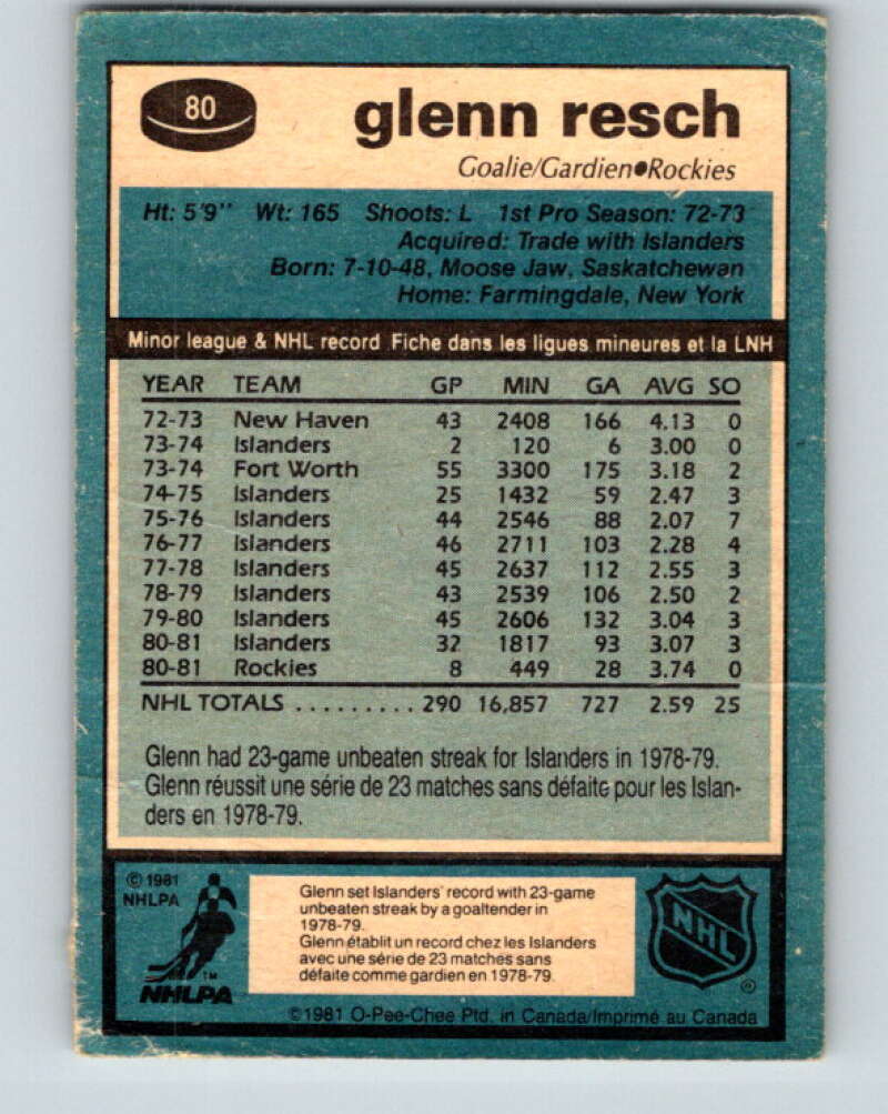 1981-82 O-Pee-Chee #80 Glenn Resch Colorado Rockies V29993