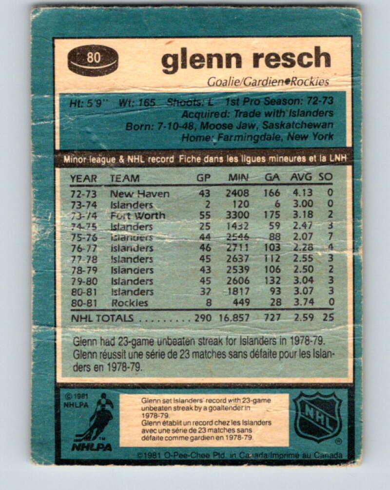 1981-82 O-Pee-Chee #80 Glenn Resch Colorado Rockies V29994