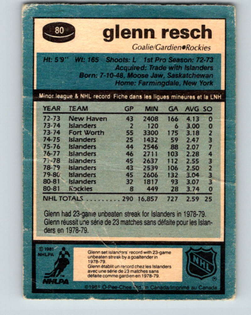 1981-82 O-Pee-Chee #80 Glenn Resch Colorado Rockies V29995