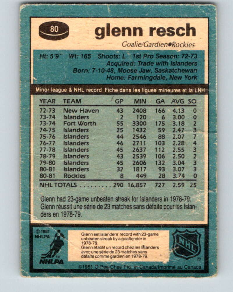 1981-82 O-Pee-Chee #80 Glenn Resch Colorado Rockies V29996