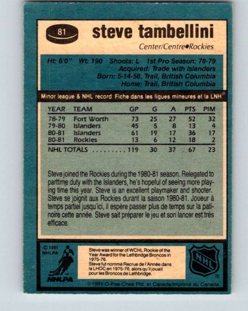 1981-82 O-Pee-Chee #81 Steve Tambellini Colorado Rockies V29999