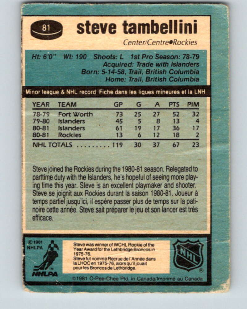 1981-82 O-Pee-Chee #81 Steve Tambellini Colorado Rockies V30000