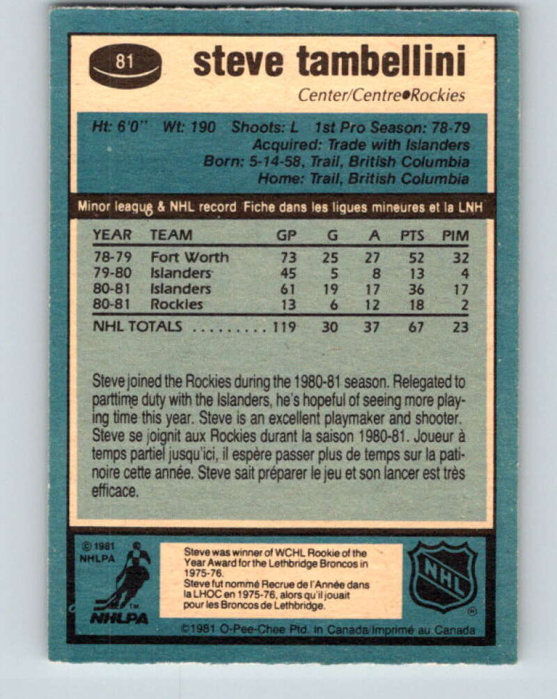 1981-82 O-Pee-Chee #81 Steve Tambellini Colorado Rockies V30001