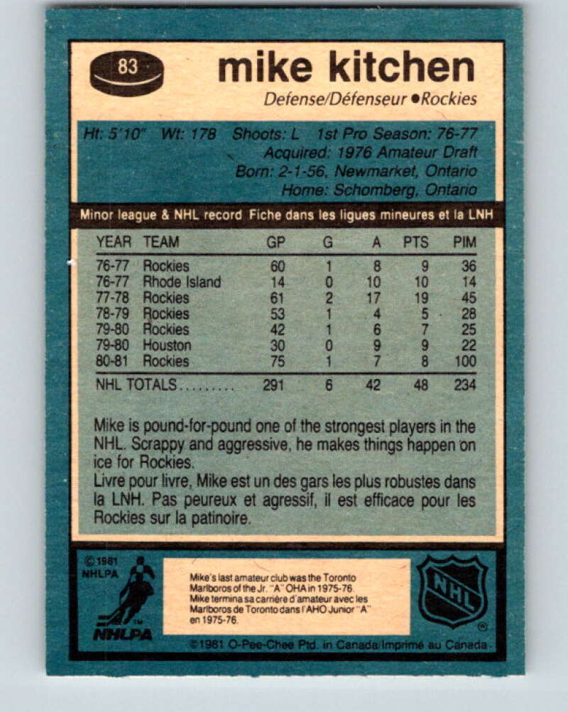 1981-82 O-Pee-Chee #83 Mike Kitchen Colorado Rockies V30011