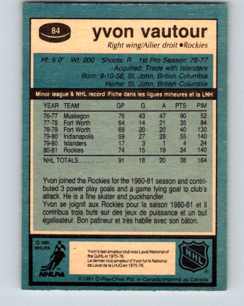 1981-82 O-Pee-Chee #84 Yvon Vautour RC Rookie Rockies V30017