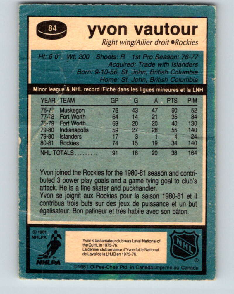 1981-82 O-Pee-Chee #84 Yvon Vautour RC Rookie Rockies V30018