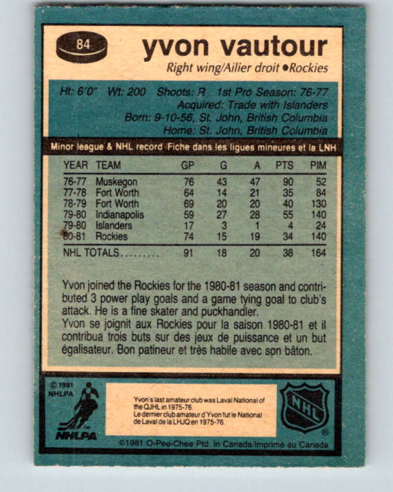 1981-82 O-Pee-Chee #84 Yvon Vautour RC Rookie Rockies V30021