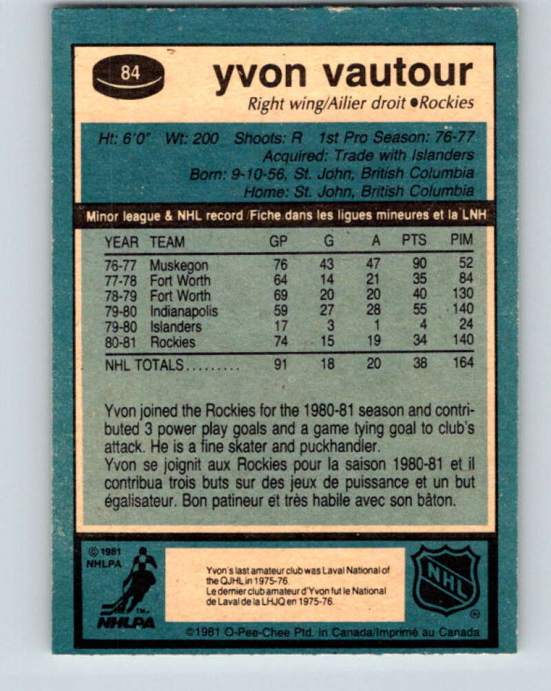 1981-82 O-Pee-Chee #84 Yvon Vautour RC Rookie Rockies V30022