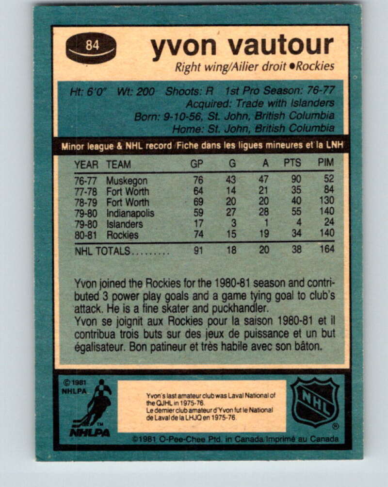 1981-82 O-Pee-Chee #84 Yvon Vautour RC Rookie Rockies V30023