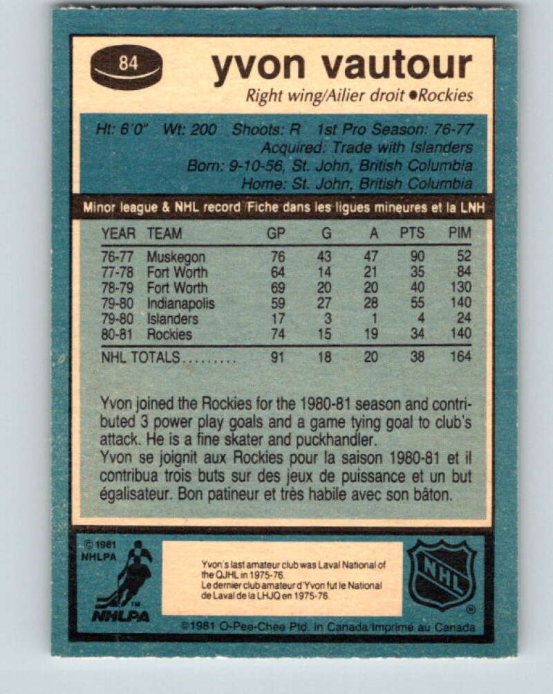 1981-82 O-Pee-Chee #84 Yvon Vautour RC Rookie Rockies V30025