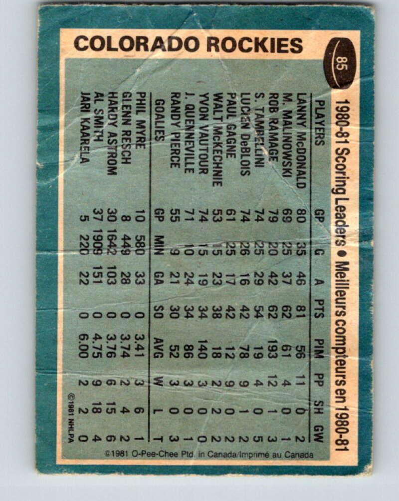 1981-82 O-Pee-Chee #85 Lanny McDonald TL Colorado Rockies V30026