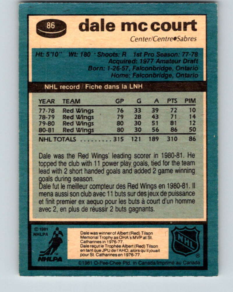 1981-82 O-Pee-Chee #86 Dale McCourt Buffalo Sabres V30039