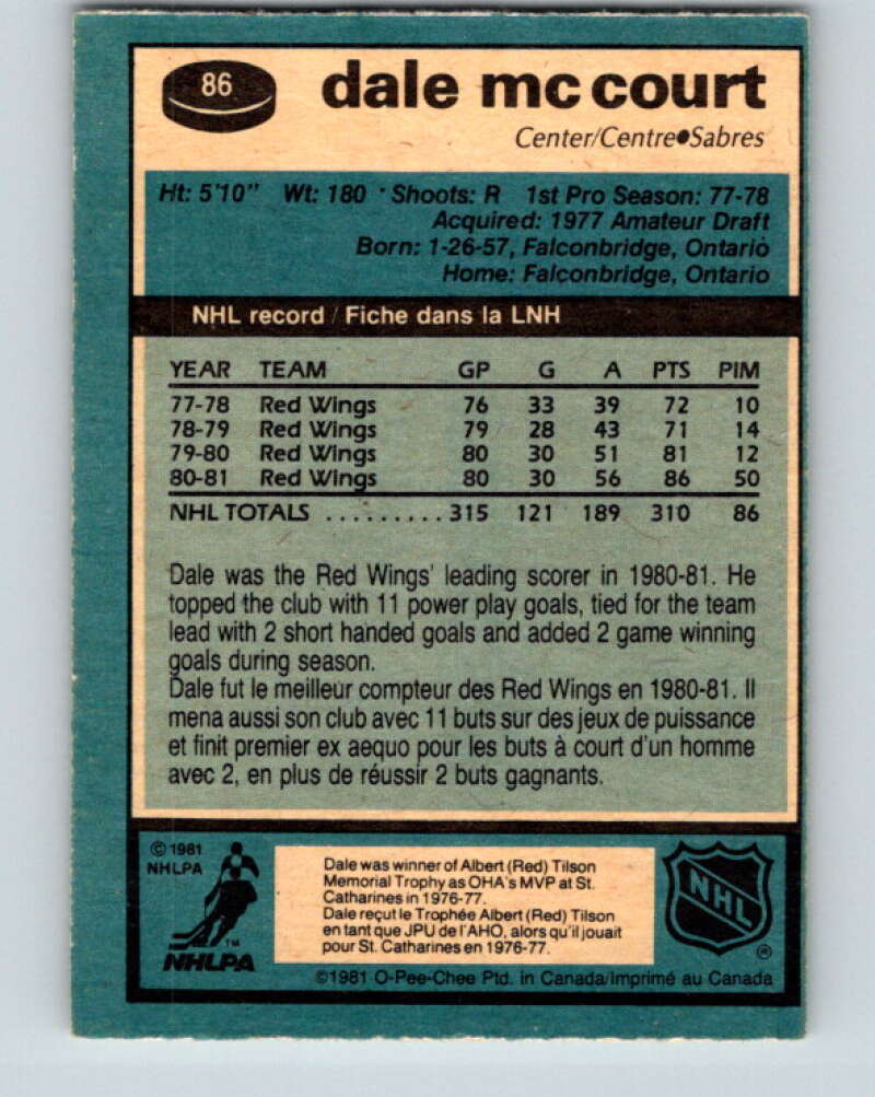 1981-82 O-Pee-Chee #86 Dale McCourt Buffalo Sabres V30040