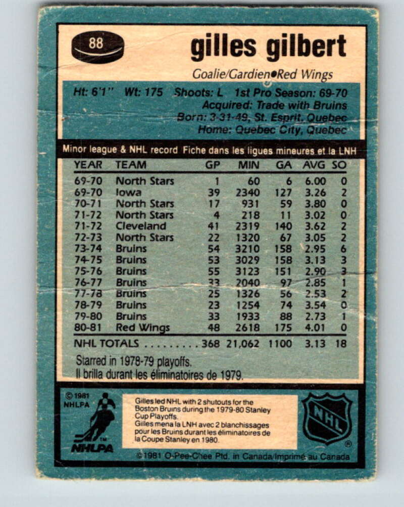 1981-82 O-Pee-Chee #88 Gilles Gilbert Detroit Red Wings V30050