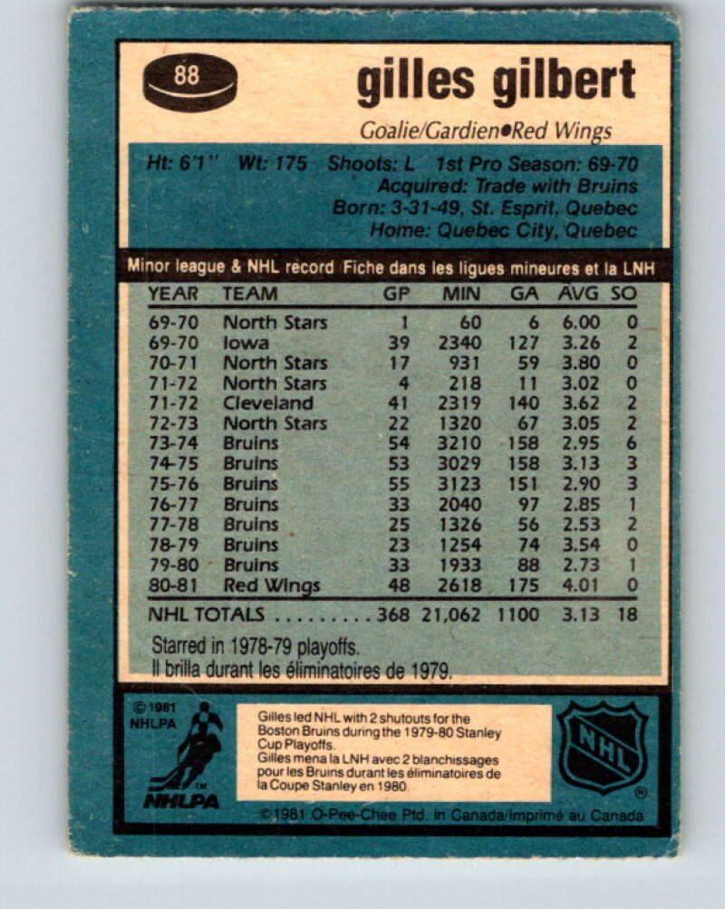 1981-82 O-Pee-Chee #88 Gilles Gilbert Detroit Red Wings V30051