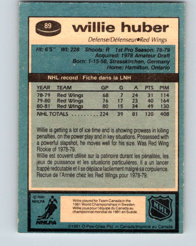 1981-82 O-Pee-Chee #89 Willie Huber Detroit Red Wings V30059