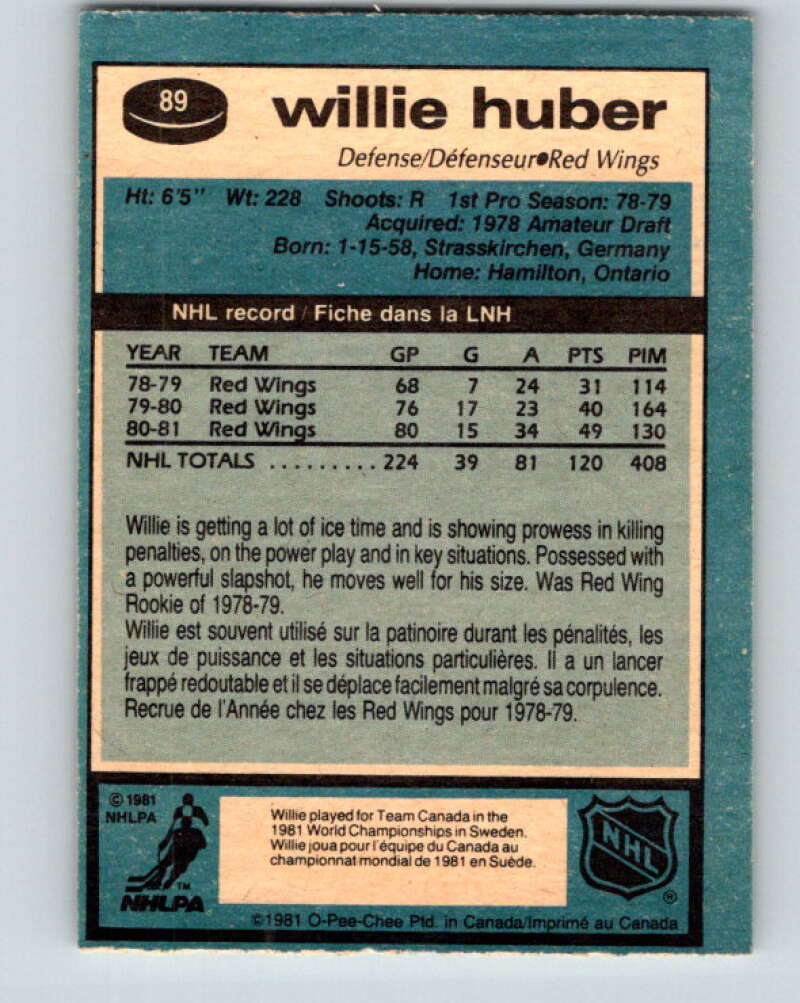 1981-82 O-Pee-Chee #89 Willie Huber Detroit Red Wings V30062