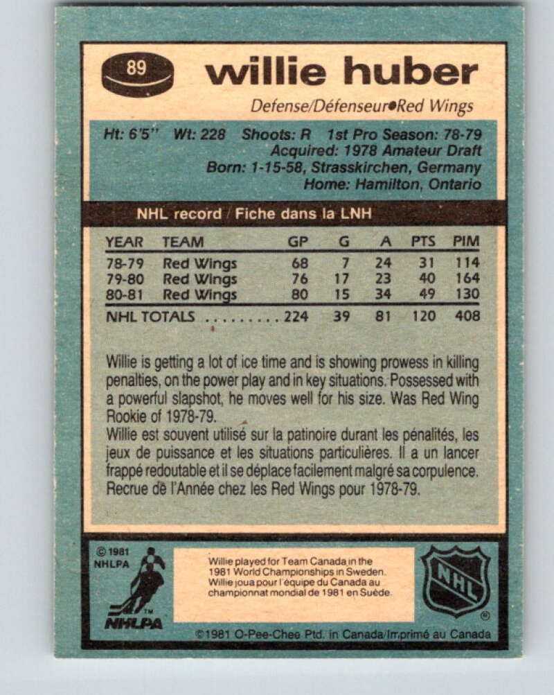 1981-82 O-Pee-Chee #89 Willie Huber Detroit Red Wings V30063