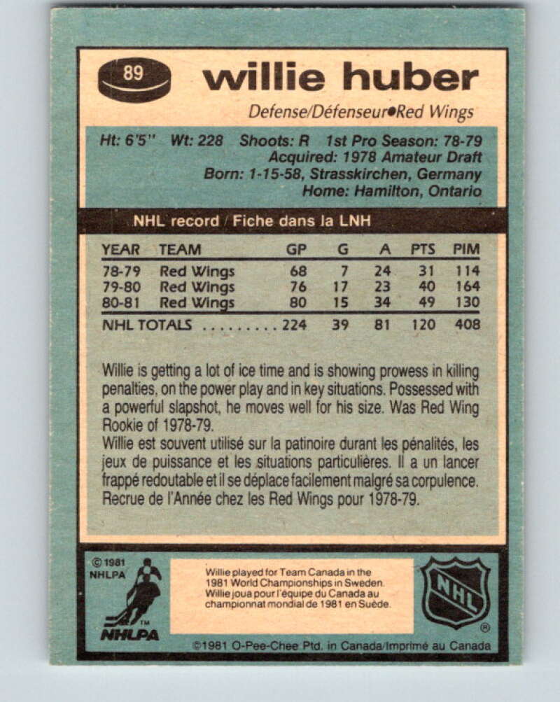 1981-82 O-Pee-Chee #89 Willie Huber Detroit Red Wings V30066