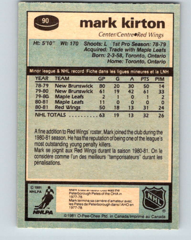 1981-82 O-Pee-Chee #90 Mark Kirton RC Rookie Detroit Red Wings V30069