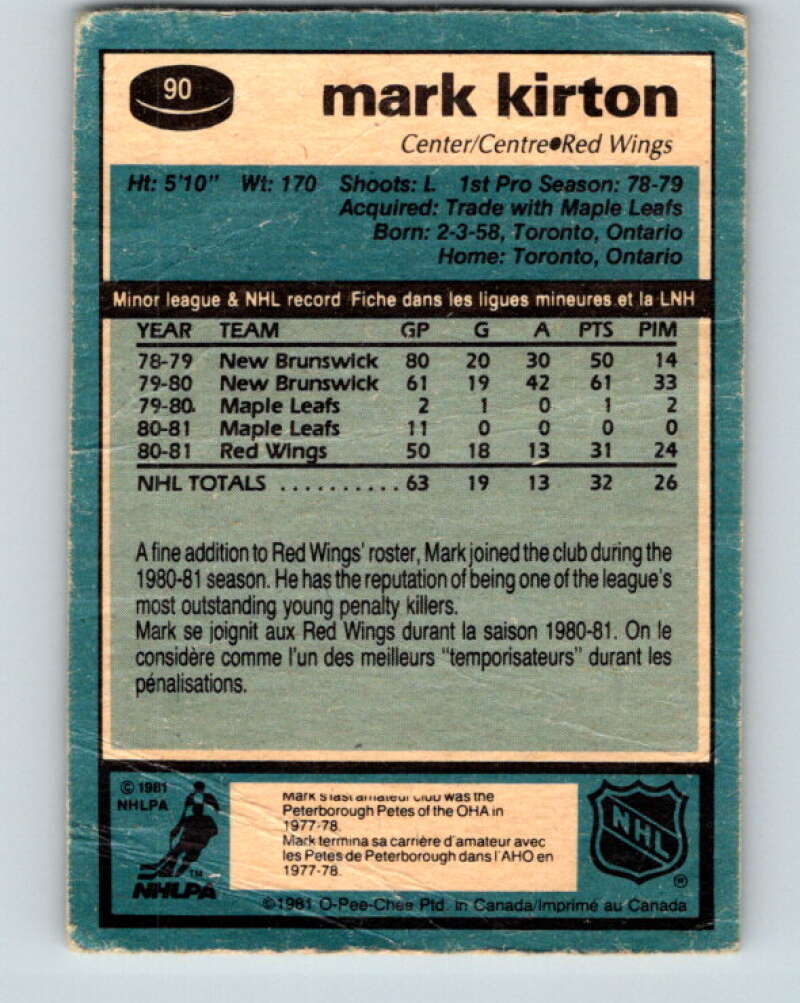 1981-82 O-Pee-Chee #90 Mark Kirton RC Rookie Detroit Red Wings V30072
