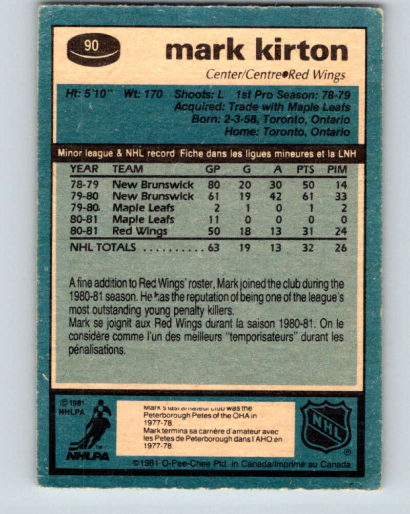 1981-82 O-Pee-Chee #90 Mark Kirton RC Rookie Detroit Red Wings V30073