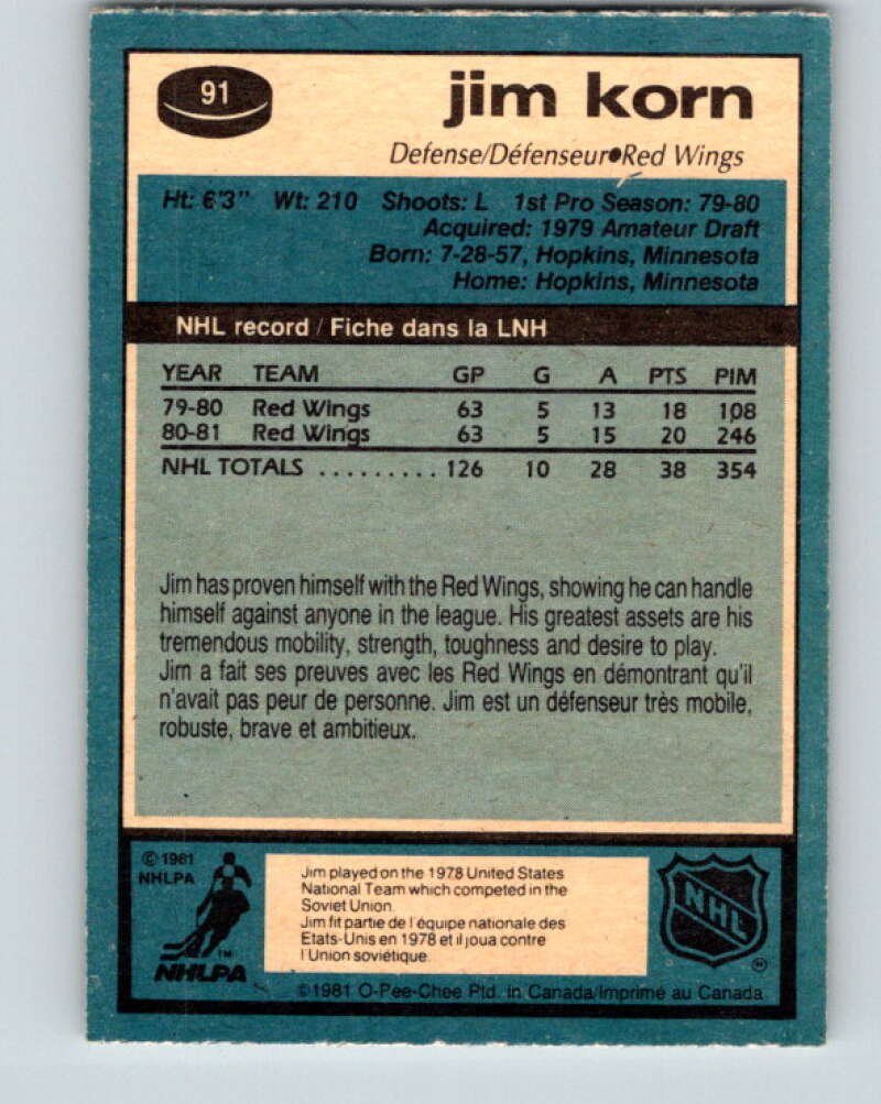1981-82 O-Pee-Chee #91 Jim Korn RC Rookie Detroit Red Wings V30078