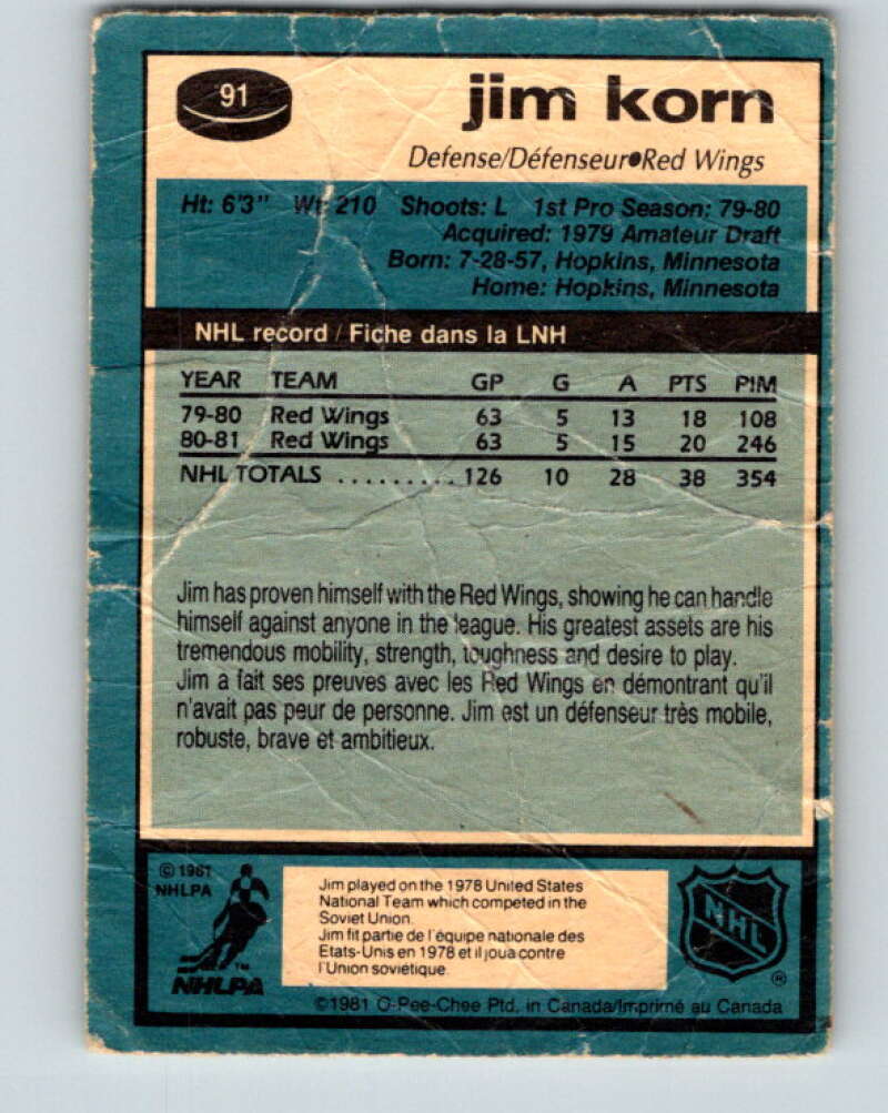 1981-82 O-Pee-Chee #91 Jim Korn RC Rookie Detroit Red Wings V30079