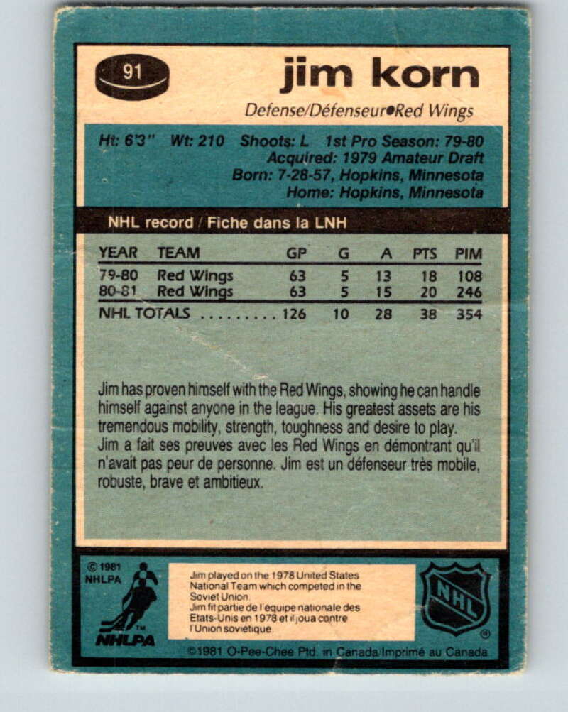 1981-82 O-Pee-Chee #91 Jim Korn RC Rookie Detroit Red Wings V30082