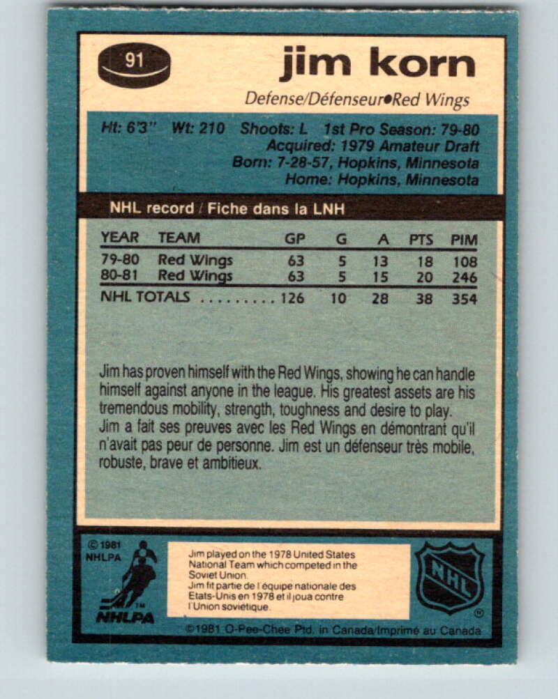 1981-82 O-Pee-Chee #91 Jim Korn RC Rookie Detroit Red Wings V30083