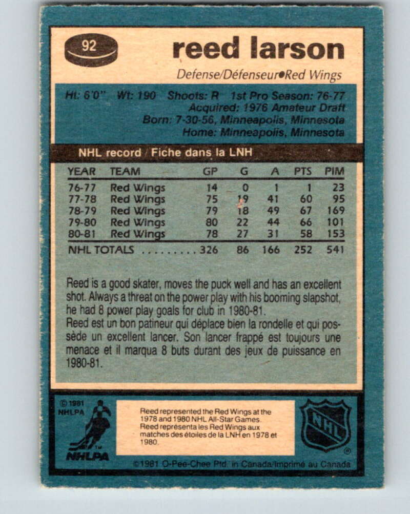 1981-82 O-Pee-Chee #92 Reed Larson Detroit Red Wings V30088