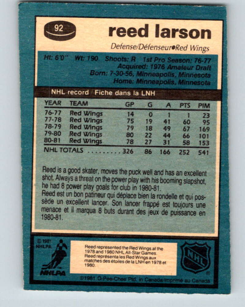 1981-82 O-Pee-Chee #92 Reed Larson Detroit Red Wings V30091