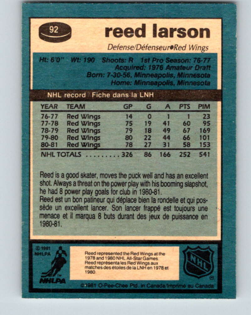1981-82 O-Pee-Chee #92 Reed Larson Detroit Red Wings V30092