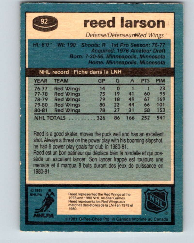 1981-82 O-Pee-Chee #92 Reed Larson Detroit Red Wings V30093