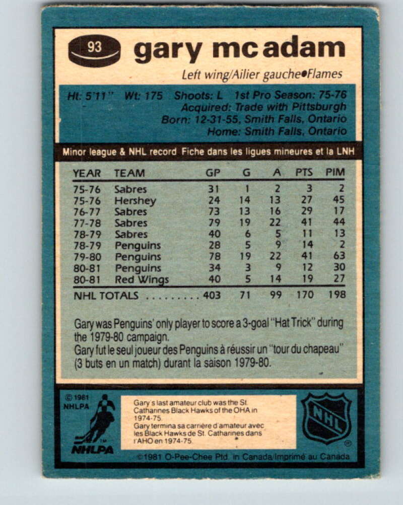 1981-82 O-Pee-Chee #93 Gary McAdam Calgary Flames V30094