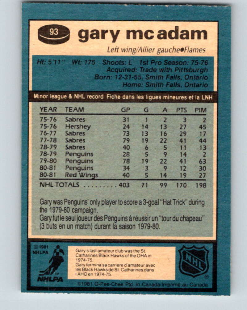 1981-82 O-Pee-Chee #93 Gary McAdam Calgary Flames V30095