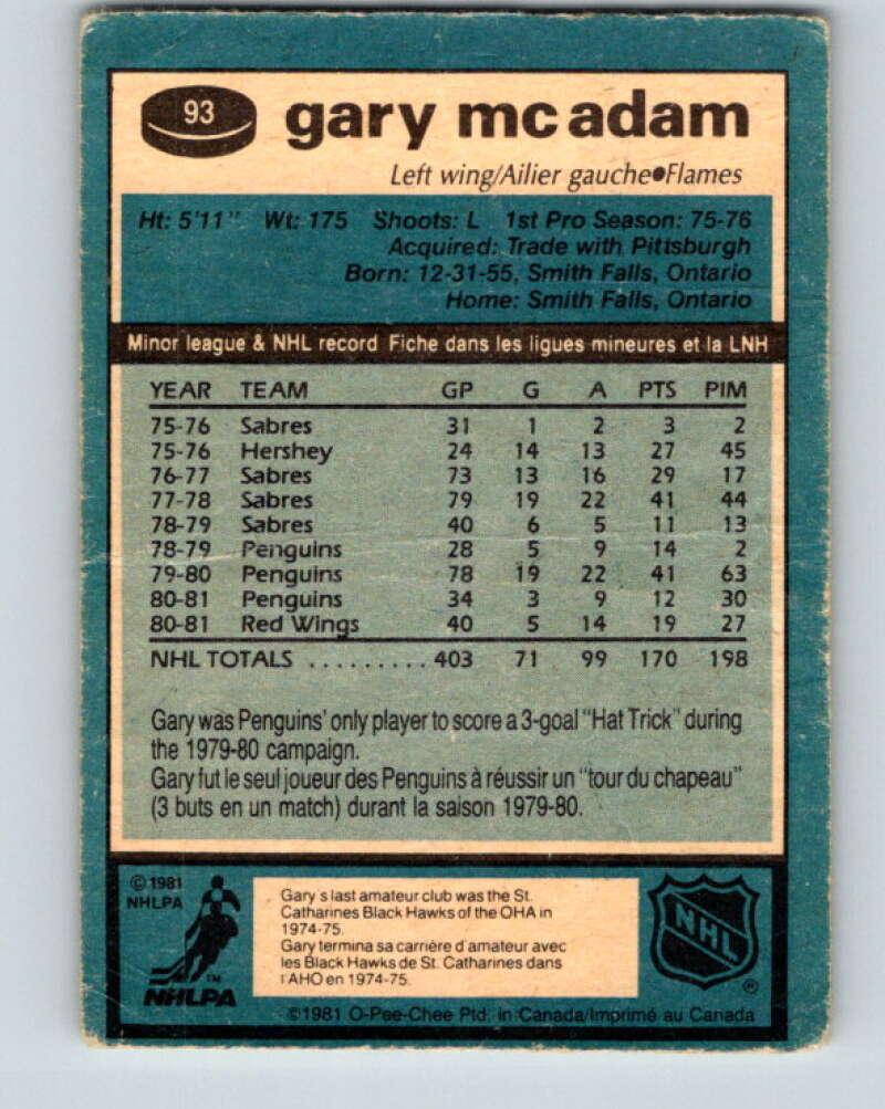 1981-82 O-Pee-Chee #93 Gary McAdam Calgary Flames V30096