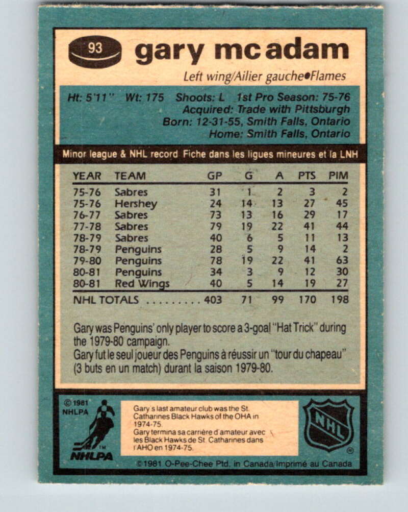 1981-82 O-Pee-Chee #93 Gary McAdam Calgary Flames V30097